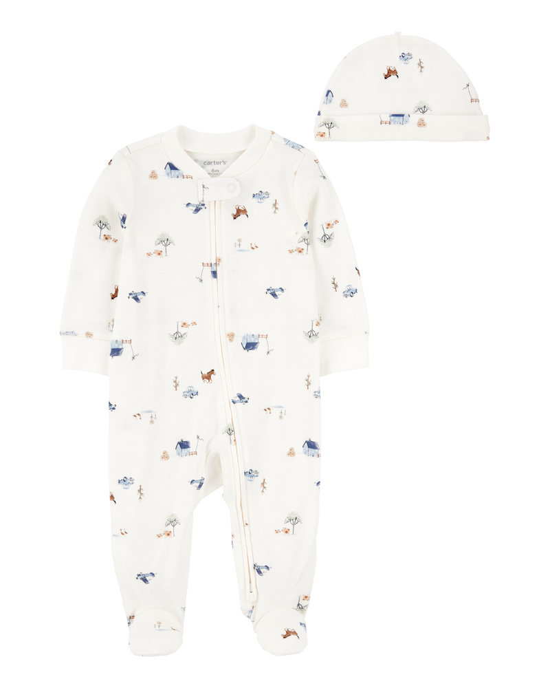 Baby 2-Piece 2-Way Zip Sleep & Play & Cap Set - Ivory/Blue, image 1 of 3 slides