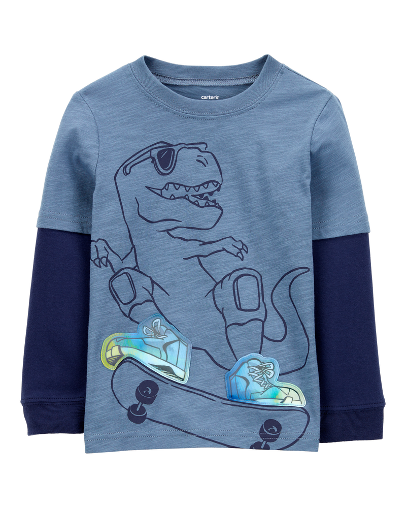 Baby Dinosaur Cotton Blend Long-Sleeve Tee - Blue, image 1 of 4 slides