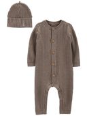 Brown - Baby 2-Piece Sweater Jumpsuit & Cap Set