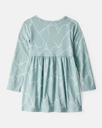 Toddler Girl Heart Print Long Sleeve Cotton Dress - Green, 
