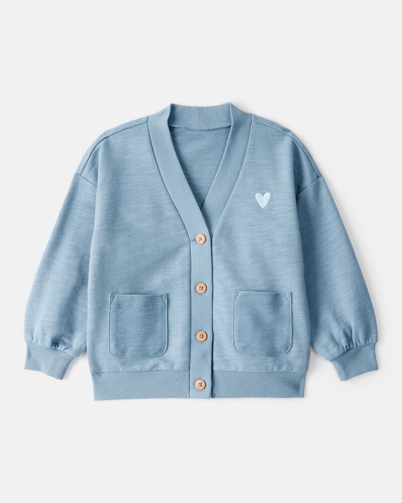 Toddler Girl Heart Cotton Long-Sleeve Cardigan Sweater - Blue, image 1 of 4 slides