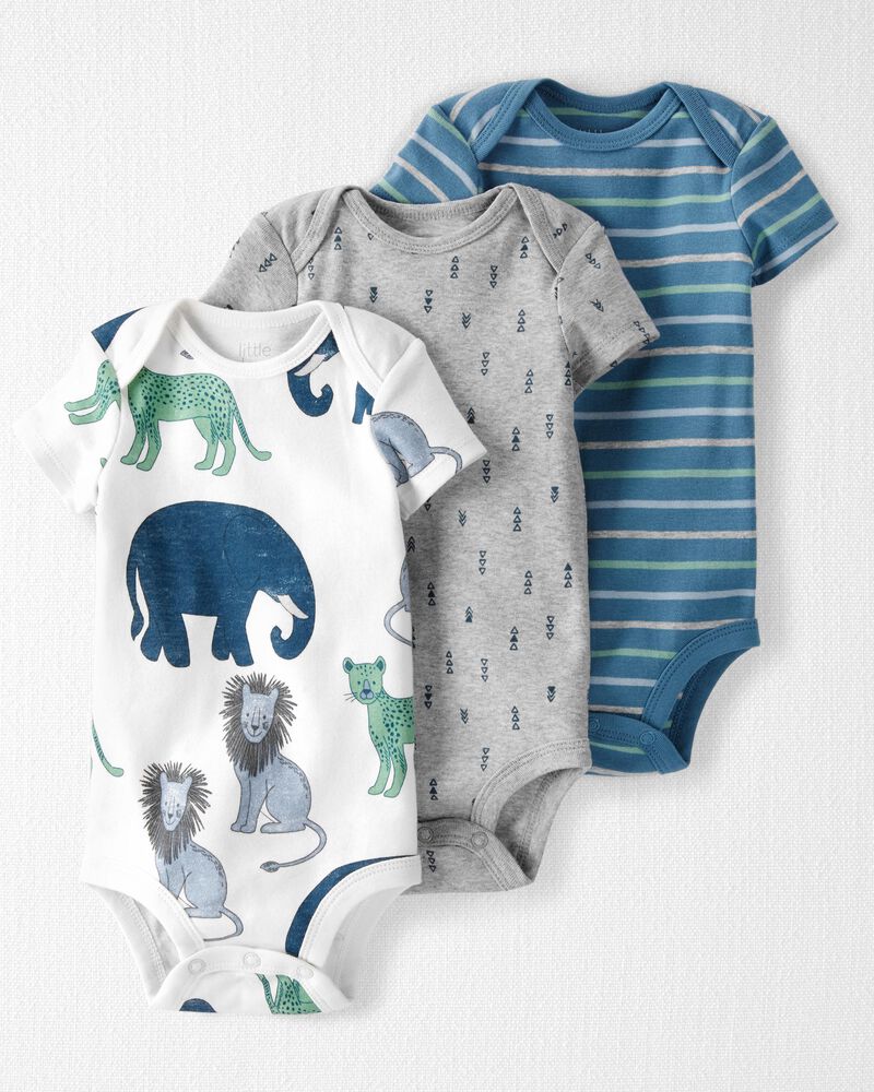 Baby Organic Cotton Rib 3-Pack Wildlife-Print & Striped Bodysuits, image 1 of 6 slides