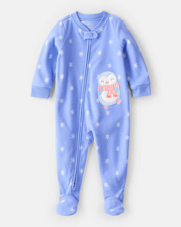 Baby Girl Penguin Print Fleece Long-Sleeve Loose Fit 1-Piece Pajamas - Blue, 