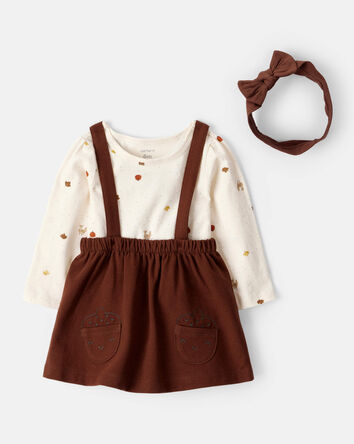 Baby Girl 3-Piece Thanksgiving Print Dress Set - White/Brown, 