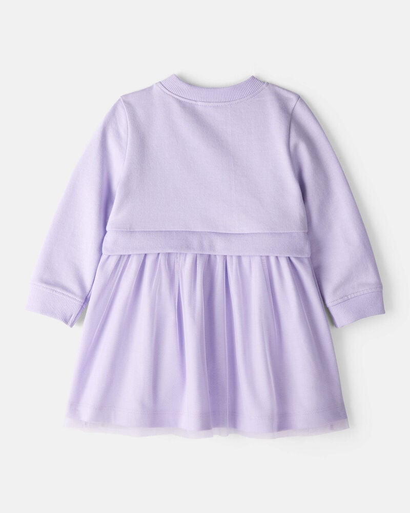 Baby Girl Bow Print Tulle Cotton Dress - Purple, image 2 of 6 slides