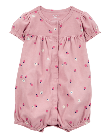 Baby Girl Strawberry Print Ribbed Short-Sleeve Romper - Pink, 
