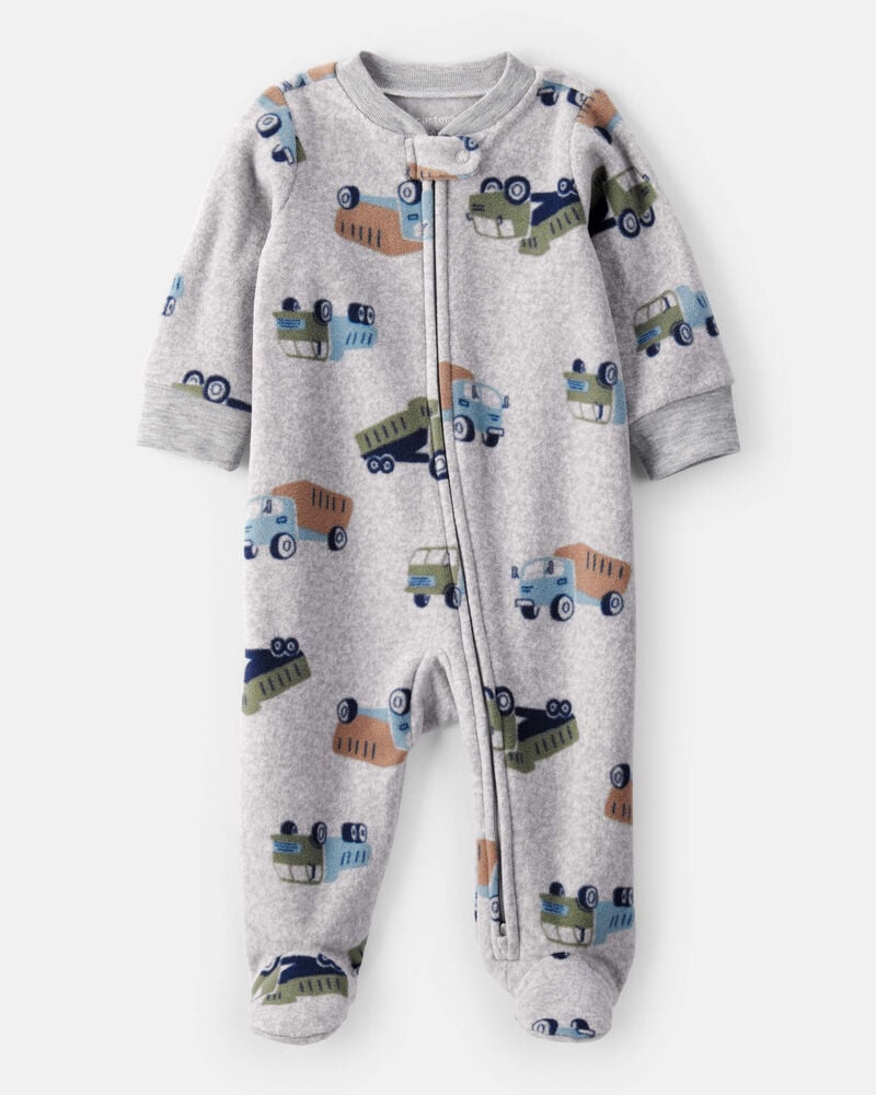 Baby Boy Construction Truck Print Loose Fit Long-Sleeve Sleep & Play Pajamas - Grey, image 1 of 4 slides