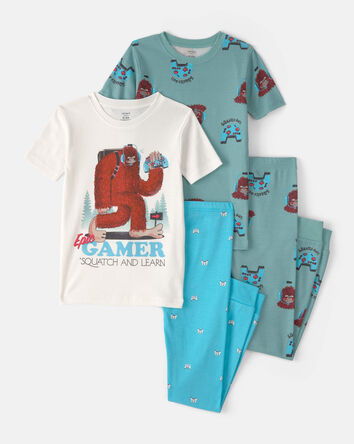Boys Bigfoot Gamer 100% Cotton Snug Fit 4-Piece Pajama Set - Blue/Ivory, 