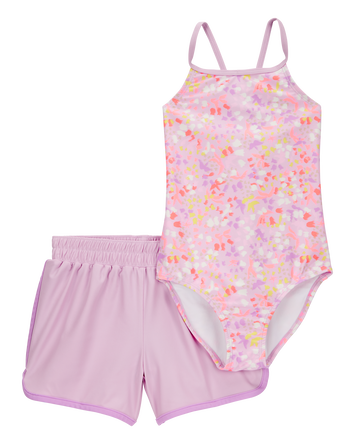 Girls 2-Piece Printed 1-Piece Swimsuit & Short Set, 