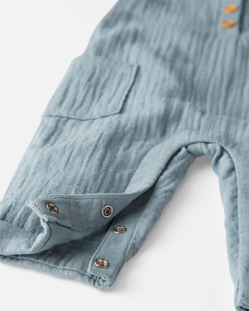 Baby Organic Cotton Gauze Overalls in Blue, image 3 of 6 slides