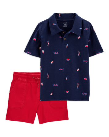 Kid 2-Piece 4th Of July Polo & Pull-On Shorts Set - Navy/Red, 