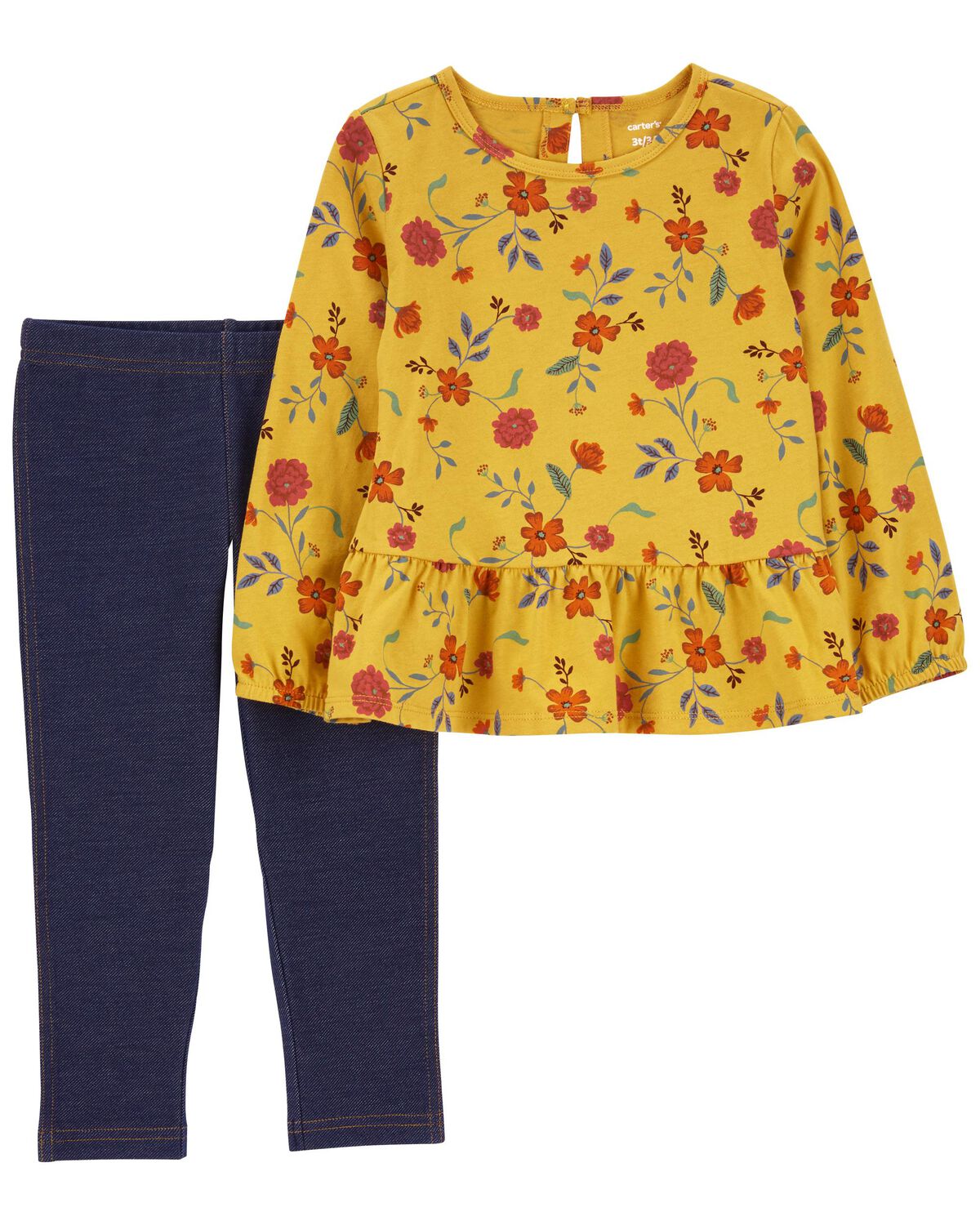 Yellow/Navy Toddler 2-Piece Floral Top & Knit Denim Pant Set | carters.com