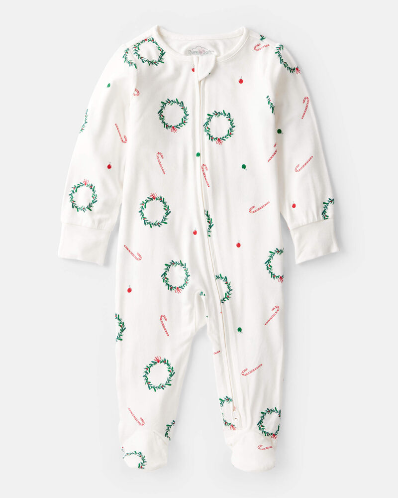 Baby Wreath Print PurelySoft Long-Sleeve Sleep & Play Pajamas - White, image 1 of 7 slides