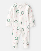 Baby Wreath Print PurelySoft Long-Sleeve Sleep & Play Pajamas - White, image 1 of 7 slides