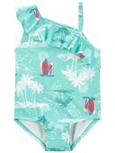 Blue - Baby Beach Print Ruffle Swimsuit
