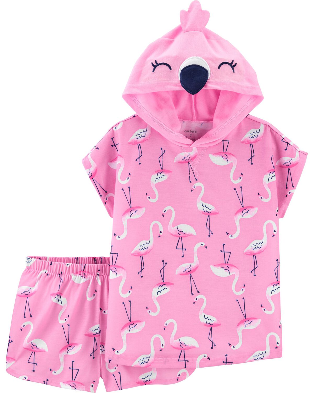 Pink Kid 2Piece Flamingo Hooded Poly PJs