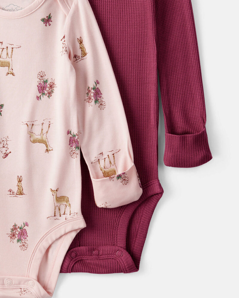 Baby Girl 2-Pack Deer & Floral Print PurelySoft Long-Sleeve Multipack Bodysuits - Burgundy/Pink, image 2 of 7 slides