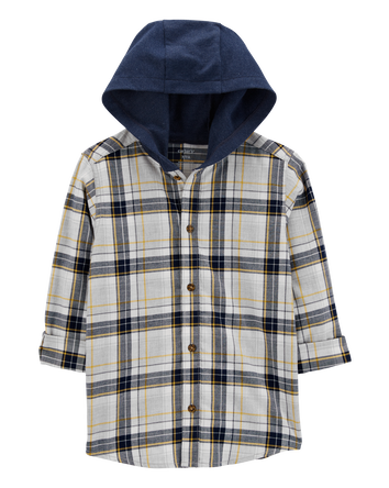 Kid Plaid Hooded Button-Down Shirt, 