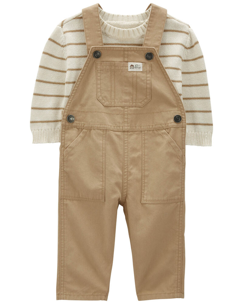 Baby 2-Piece Striped Thermal Sweater & Canvas Coverall Set, image 1 of 5 slides