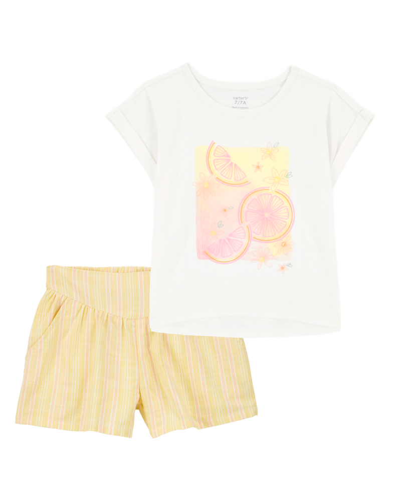 Kid 2-Piece Lemon Fashion Top & Striped Sun Shorts Set, image 1 of 6 slides