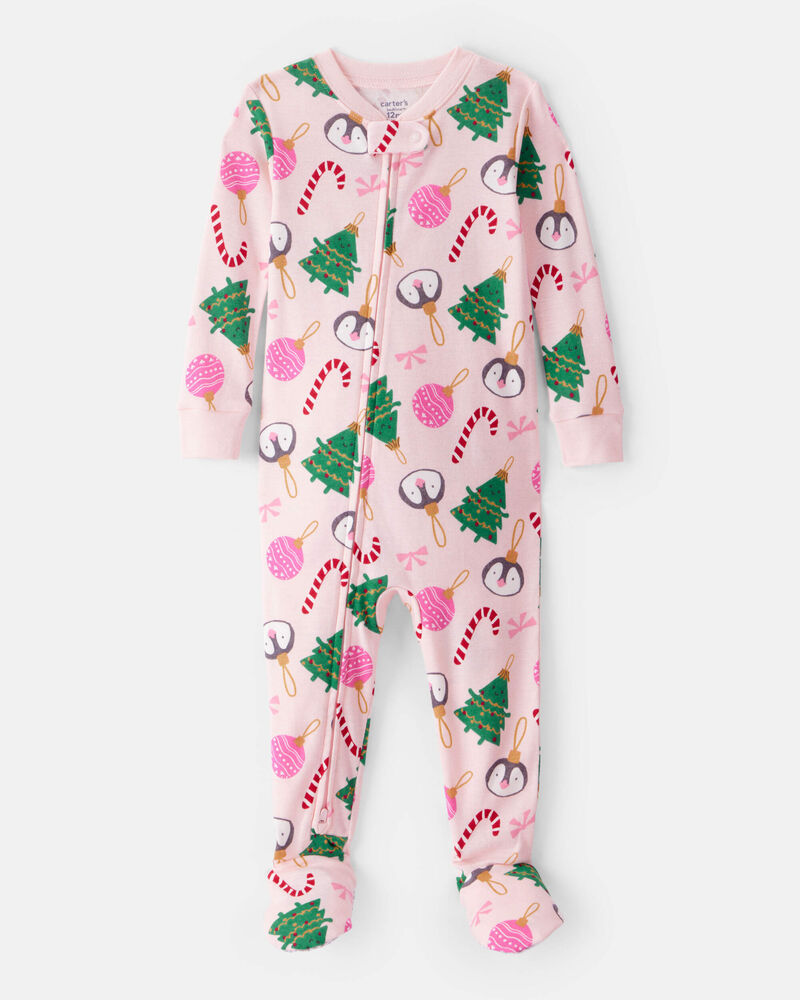 Toddler Girl Christmas Ornament Print 100% Cotton Long-Sleeve 2-Way Zip 1-Piece Pajamas - Pink, image 1 of 4 slides