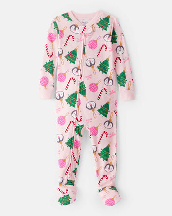 Toddler Girl Christmas Ornament Print 100% Cotton Long-Sleeve 2-Way Zip 1-Piece Pajamas - Pink, 