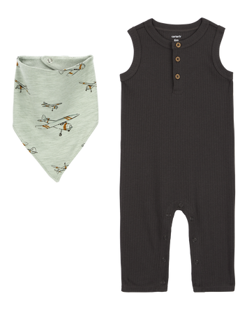 Baby 2-Piece Drop Needle Jumpsuit & Bandana Bib Set, 