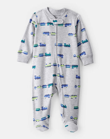 Baby Boy Train Cotton Long-Sleeve Snug Fit Sleep & Play Pajamas - Grey, 