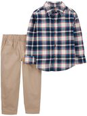 Navy/Khaki - Toddler 2-Piece Plaid Button-Front Shirt & Pant Set