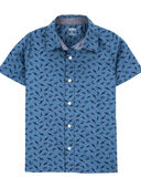 Blue - Kid Shark Print Button-Front Short Sleeve Shirt