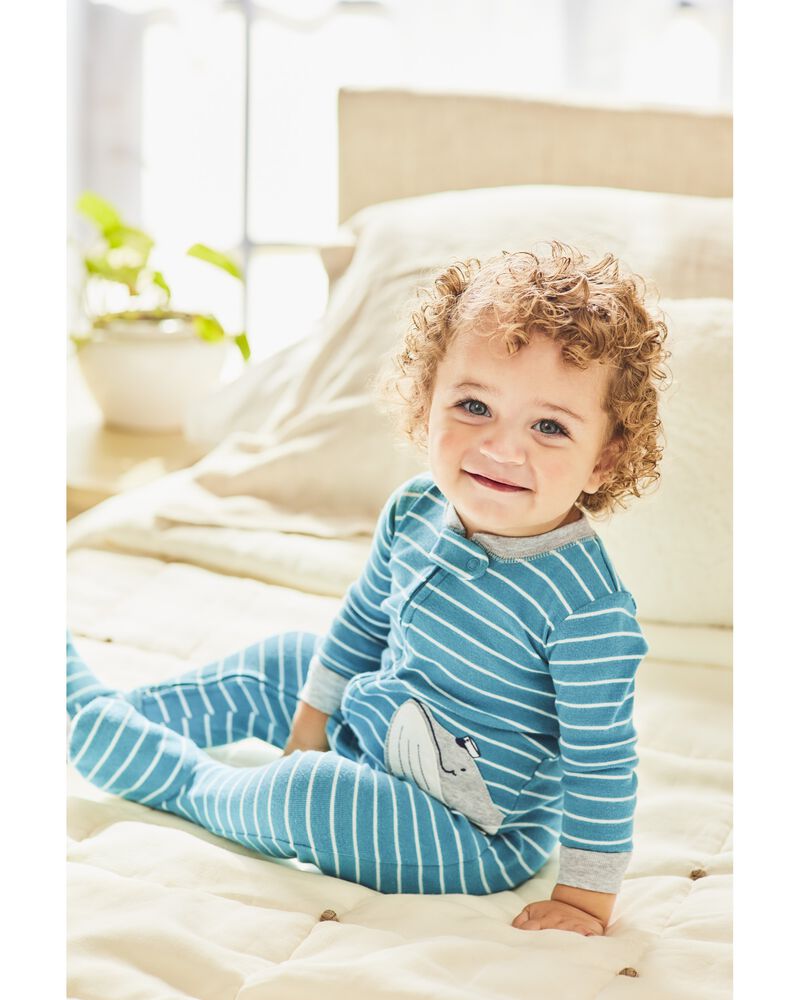 Baby 1-Piece Striped Whale 100% Snug Fit Cotton Footie Pajamas, image 2 of 6 slides