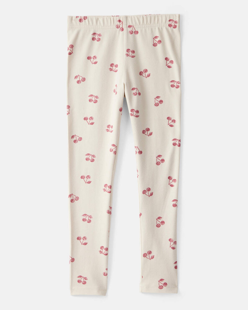 Girls Cherry Print Cotton Pull-On Stretch Leggings - Ivory, image 2 of 4 slides