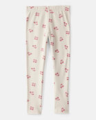 Girls Cherry Print Cotton Pull-On Stretch Leggings - Ivory, image 2 of 4 slides