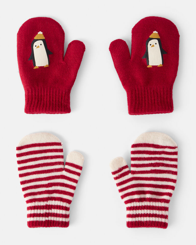 Toddler Boy 2-Pack Penguin Striped Winter Mittens - Red, image 1 of 2 slides