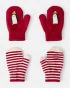 Toddler Boy 2-Pack Penguin Striped Winter Mittens - Red, image 1 of 2 slides
