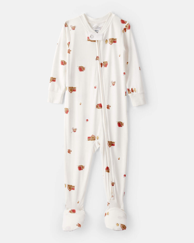 Baby Barn Print PurelySoft 2-Way Zip 1-Piece Pajamas - Ivory, image 1 of 6 slides