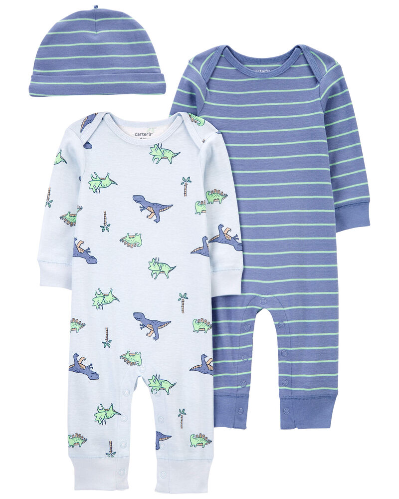 Baby Blue Dino 3-Piece Jumpsuit Set, image 1 of 4 slides