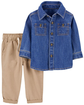 2-Piece Denim Button-Front & Pull-On Pant Set, 