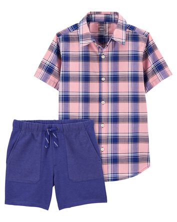 Kid 2-Piece Plaid Button-Down Shirt Pull-On French Terry Shorts Set
, 