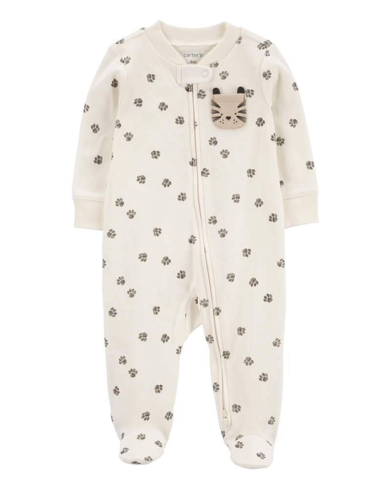 Baby Paw Print 2-Way Zip Cotton Sleep & Play Pajamas, image 1 of 4 slides