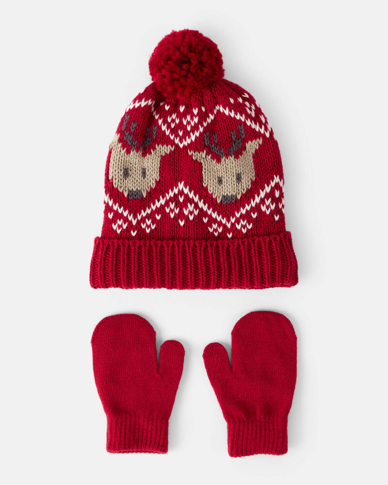 Toddler Boy 2-Pack Reindeer Fair Isle Winter Hat & Mittens - Red, image 1 of 3 slides