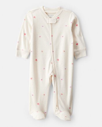 Baby Girl Valentine's Day Candy Heart 100% Cotton Snug Fit 2-Way Zip Sleep & Play Pajamas - Cream, 