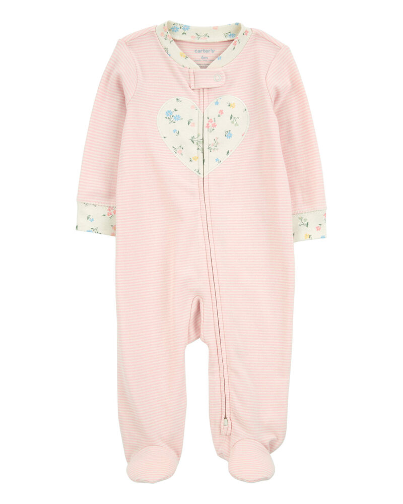 Baby Girl Heart Striped 2-Way Zip Cotton Sleep & Play Pajamas - Pink, image 1 of 3 slides
