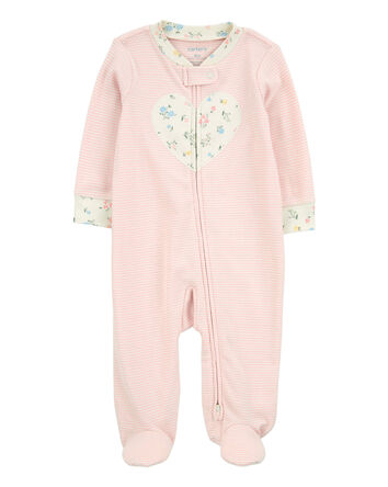 Baby Girl Heart Striped 2-Way Zip Cotton Sleep & Play Pajamas - Pink, 