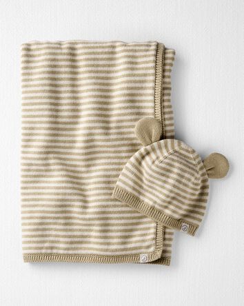Baby Organic Cotton  Sweater Knit Blanket and Cap Gift Set, 