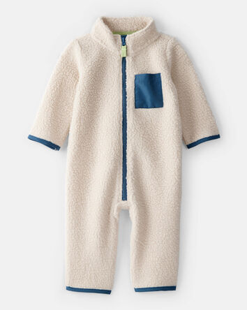 Baby Boy Color Block Fleece Zip-Up Jumpsuit - Cream/Blue, 