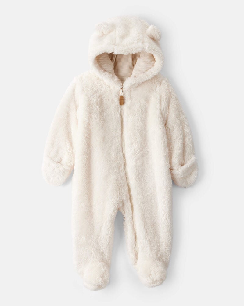Baby Sherpa Hooded Long-Sleeve Jumpsuit - White, image 1 of 4 slides