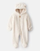 Baby Sherpa Hooded Long-Sleeve Jumpsuit - White, image 1 of 4 slides
