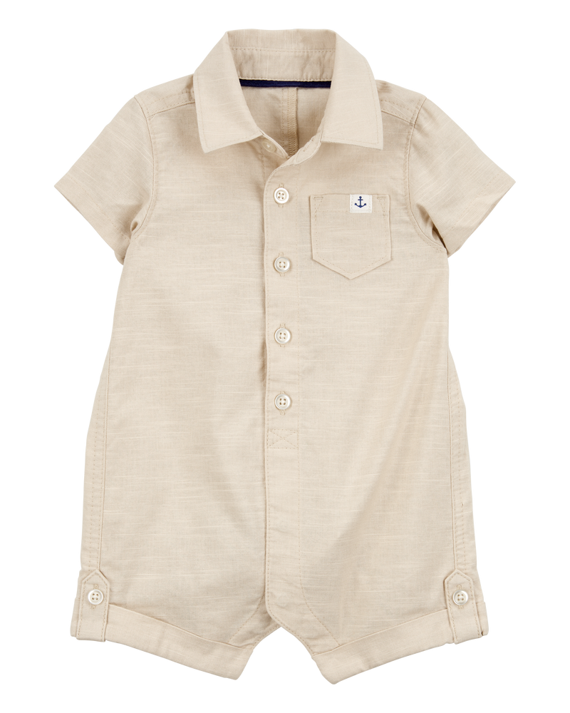 Baby Button-Front Romper- Tan, image 1 of 3 slides