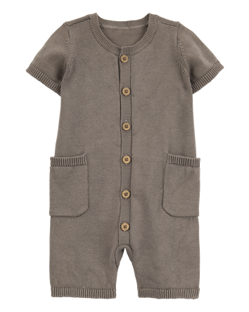 Baby Button-Down Cotton Romper -Brown, 